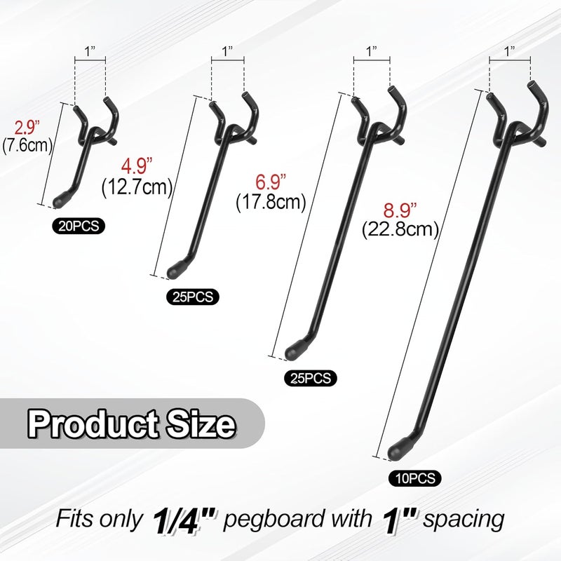 Hogurity 80 Pack 2/4/6/8 inch Heavy Duty Pegboard Hooks,Extra Thick 1/4" Black Peg Board Hooks for Hanging, Pegboard Accessories for Garage, Kitchen, Gym, Store Wall Organizer - Image 2